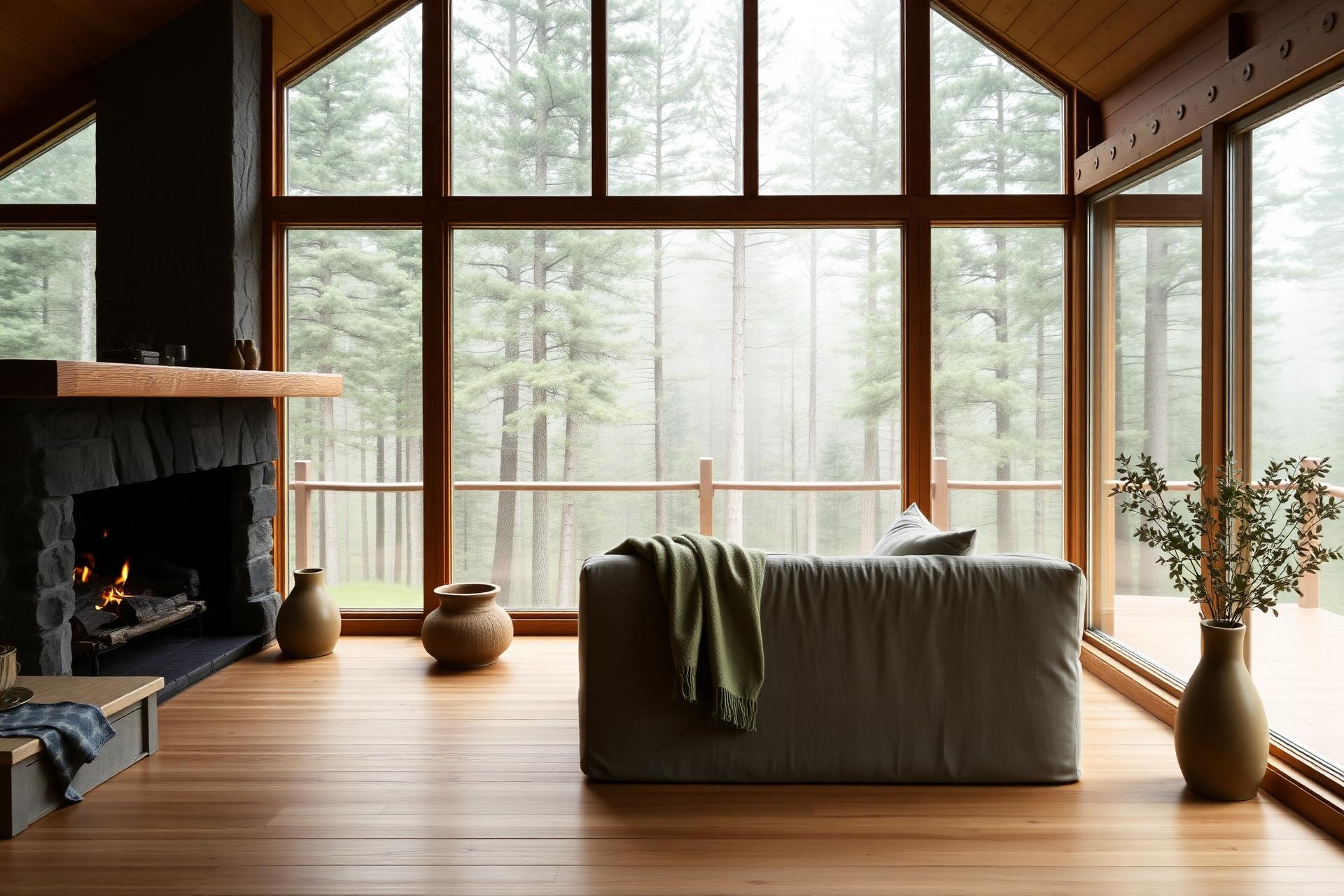 A cozy cabin interior with a forest view